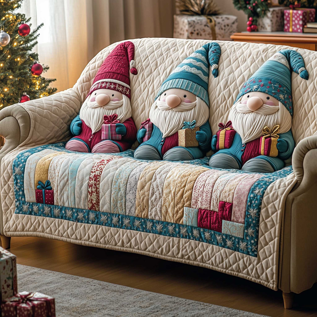 Gnomes with Gifts on Cream Patchwork Sofa Cover
