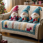 Gnomes with Gifts on Cream Patchwork Sofa Cover