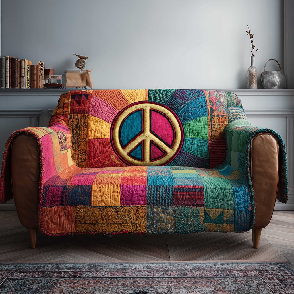 Peace Sign on Bright Patchwork Sofa Cover