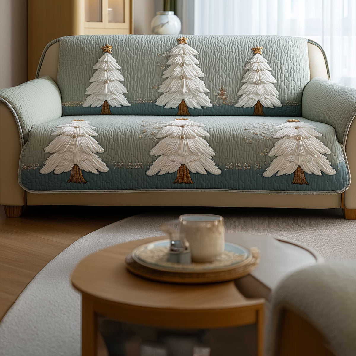 White Pine Trees on Sage Green Sofa Cover