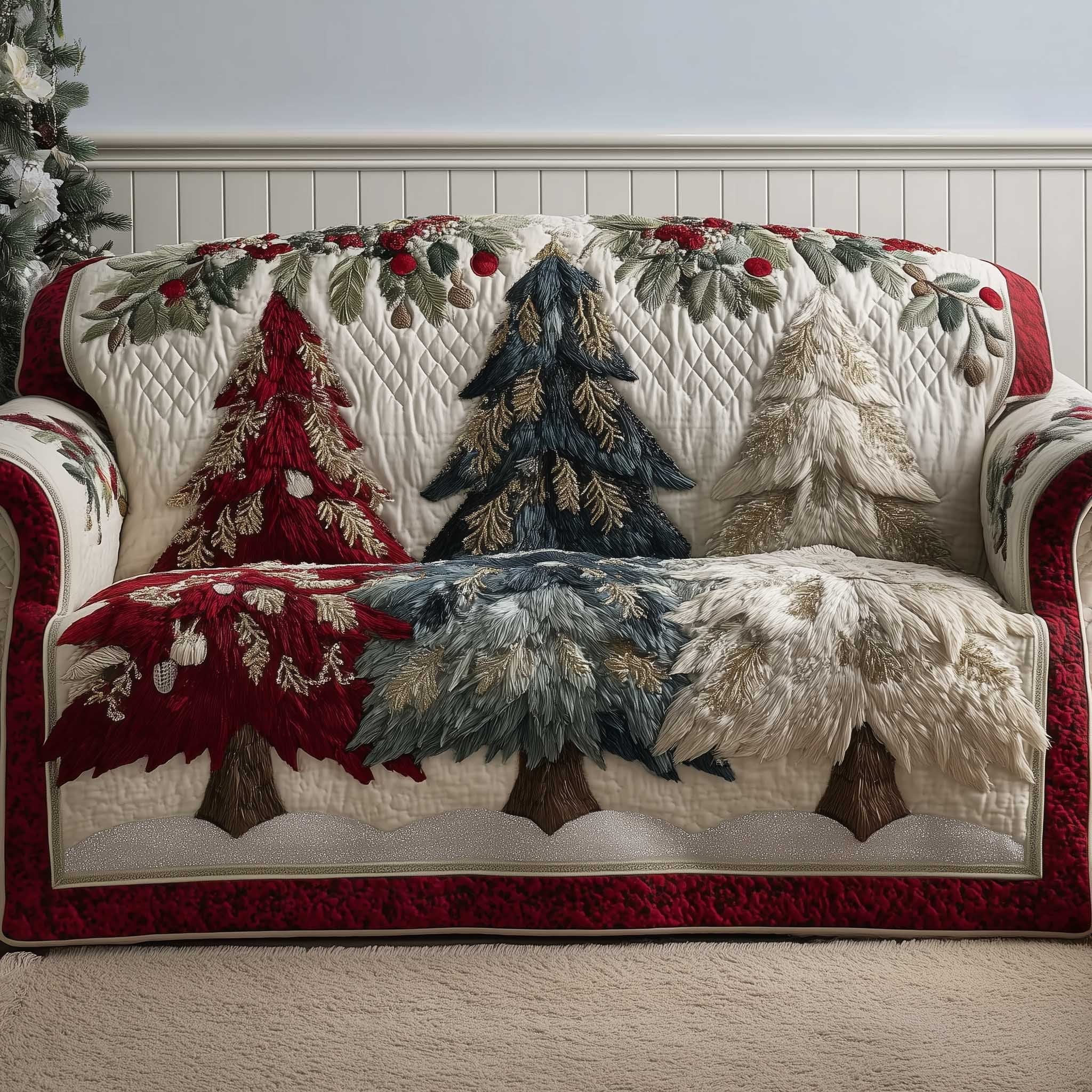 Red and Green Trees on Cream Sofa Cover