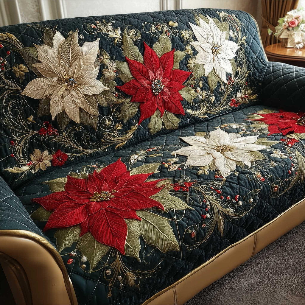 Red and White Poinsettias on Dark Damask Sofa Cover