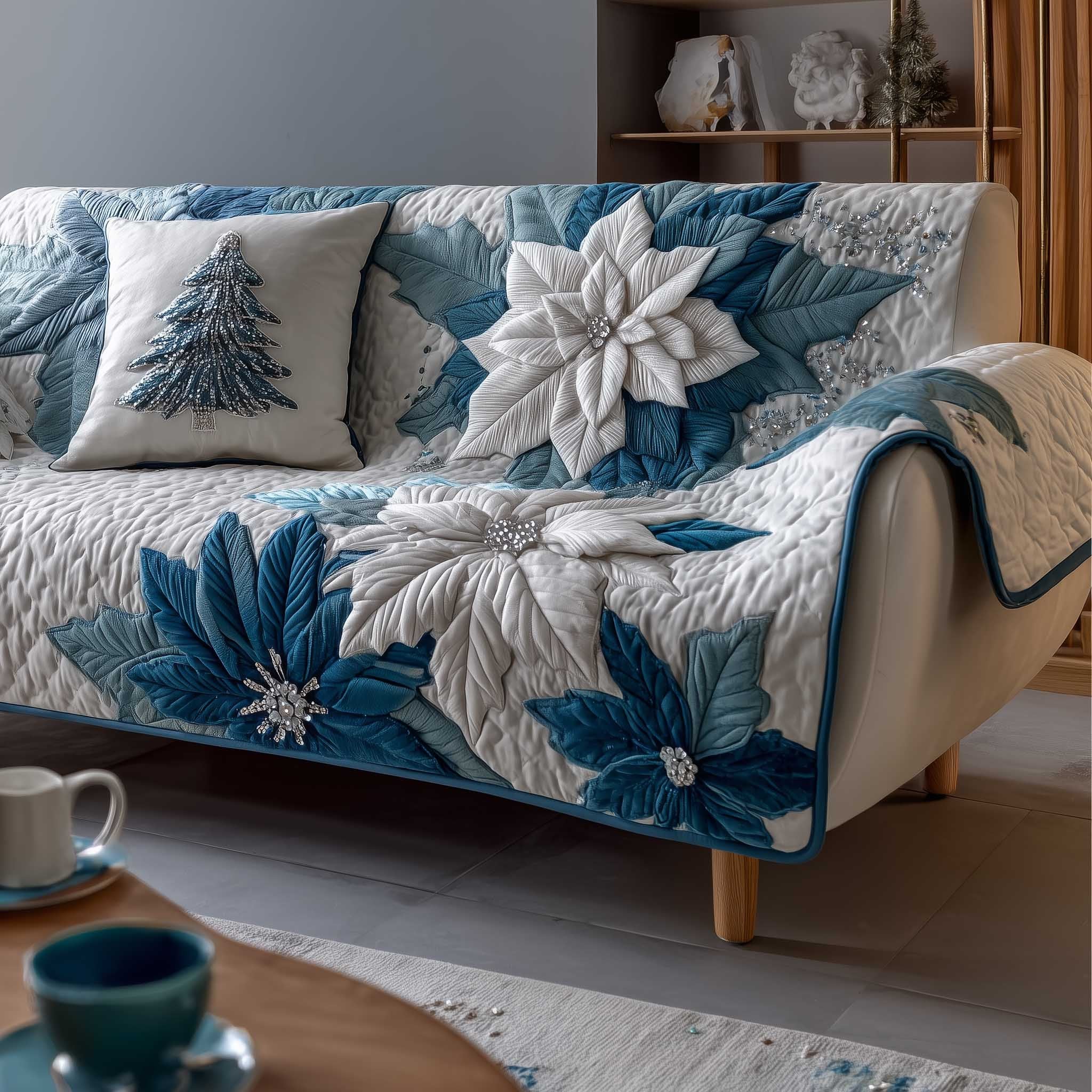 White Poinsettia on Winter Blue Sofa Cover