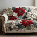 Red and Cream Poinsettias on Ivory Sofa Cover