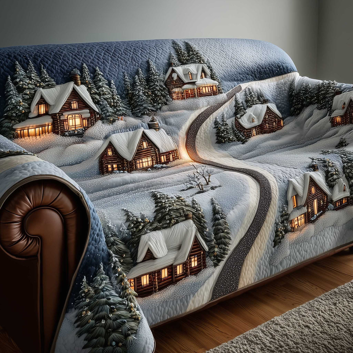 Snowy Road to the Lit Cottages Sofa Cover