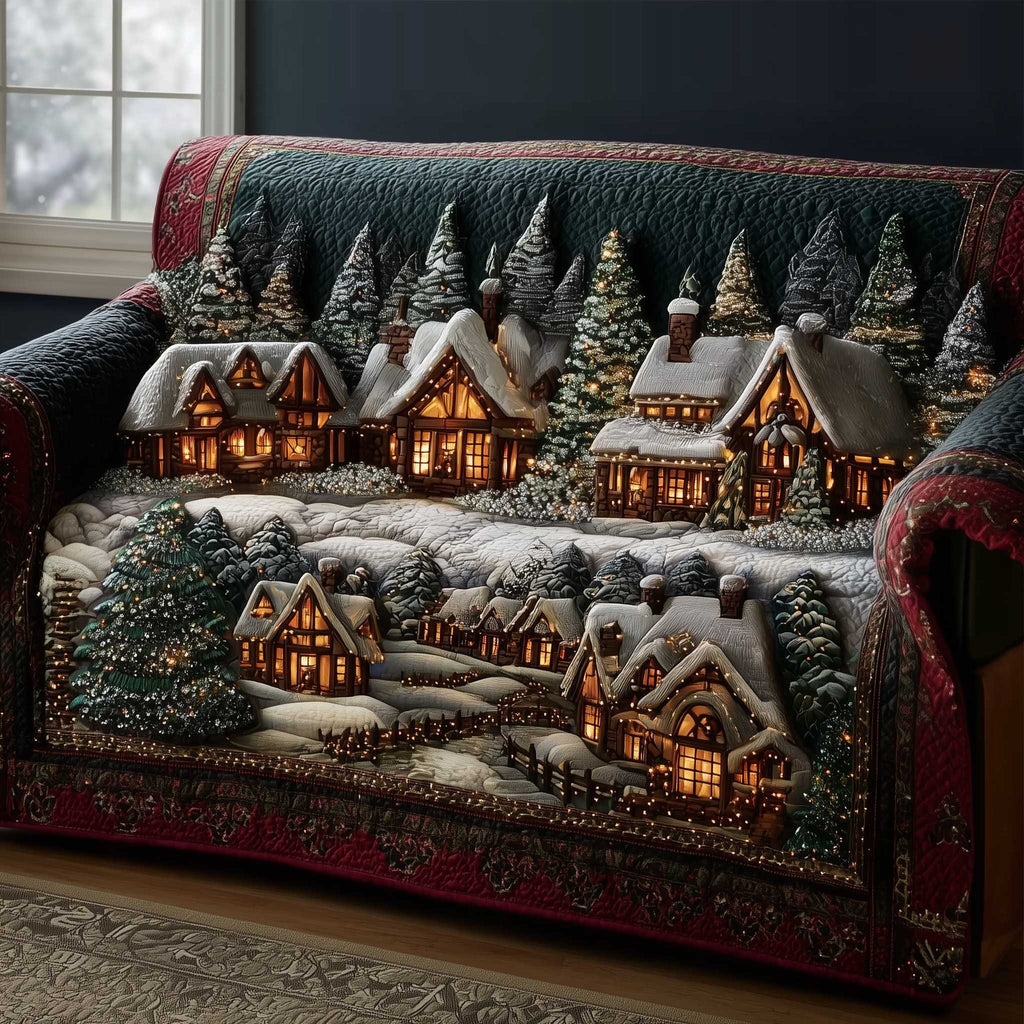 Winter Village on a Red Border Sofa Cover