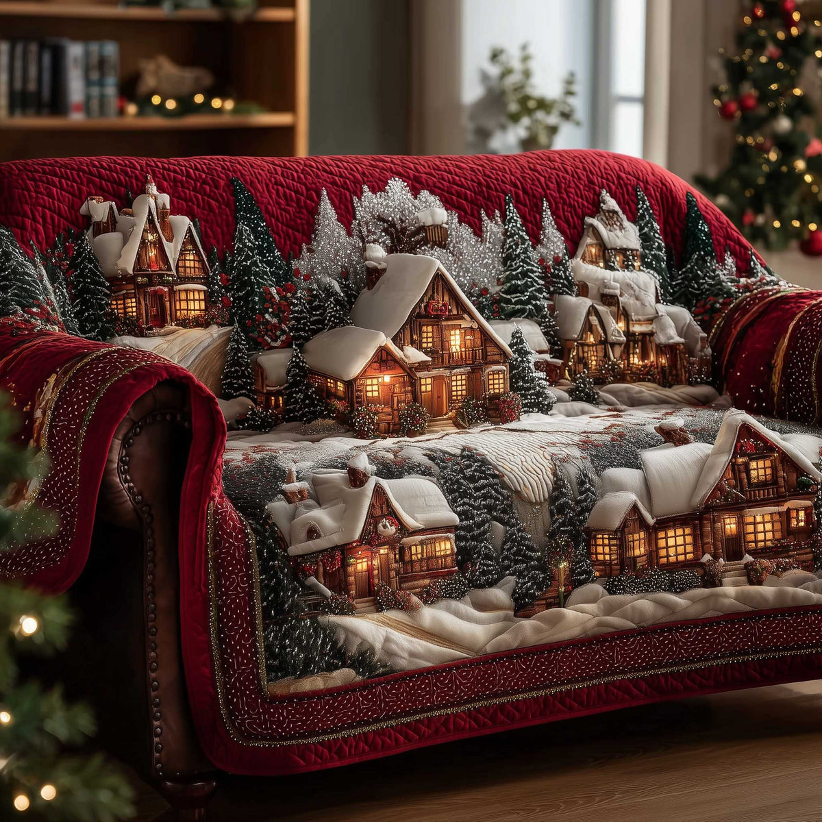 Winter Village on Red and Cream Trim Sofa Cover