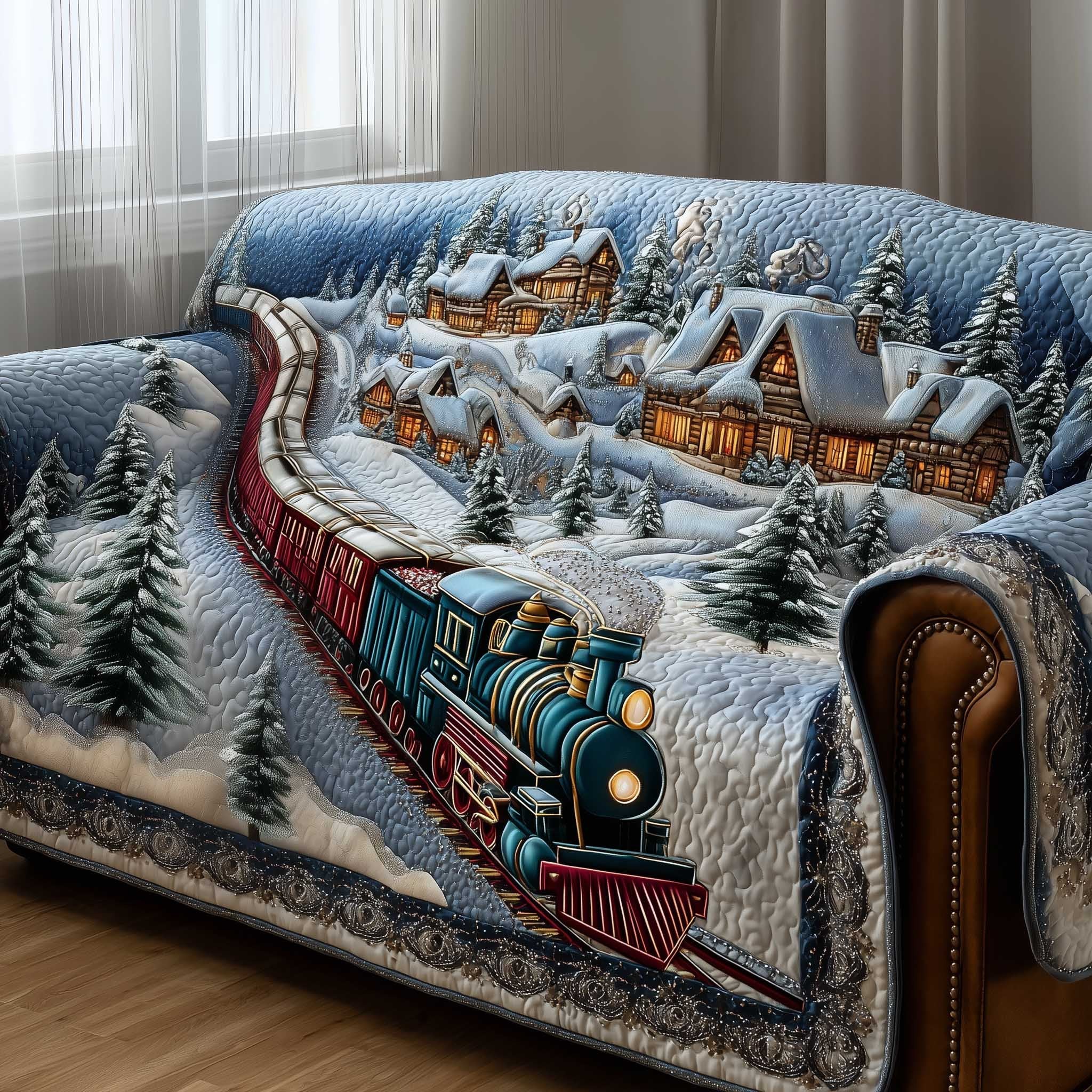 Train Winding Through the Snowy Village Sofa Cover