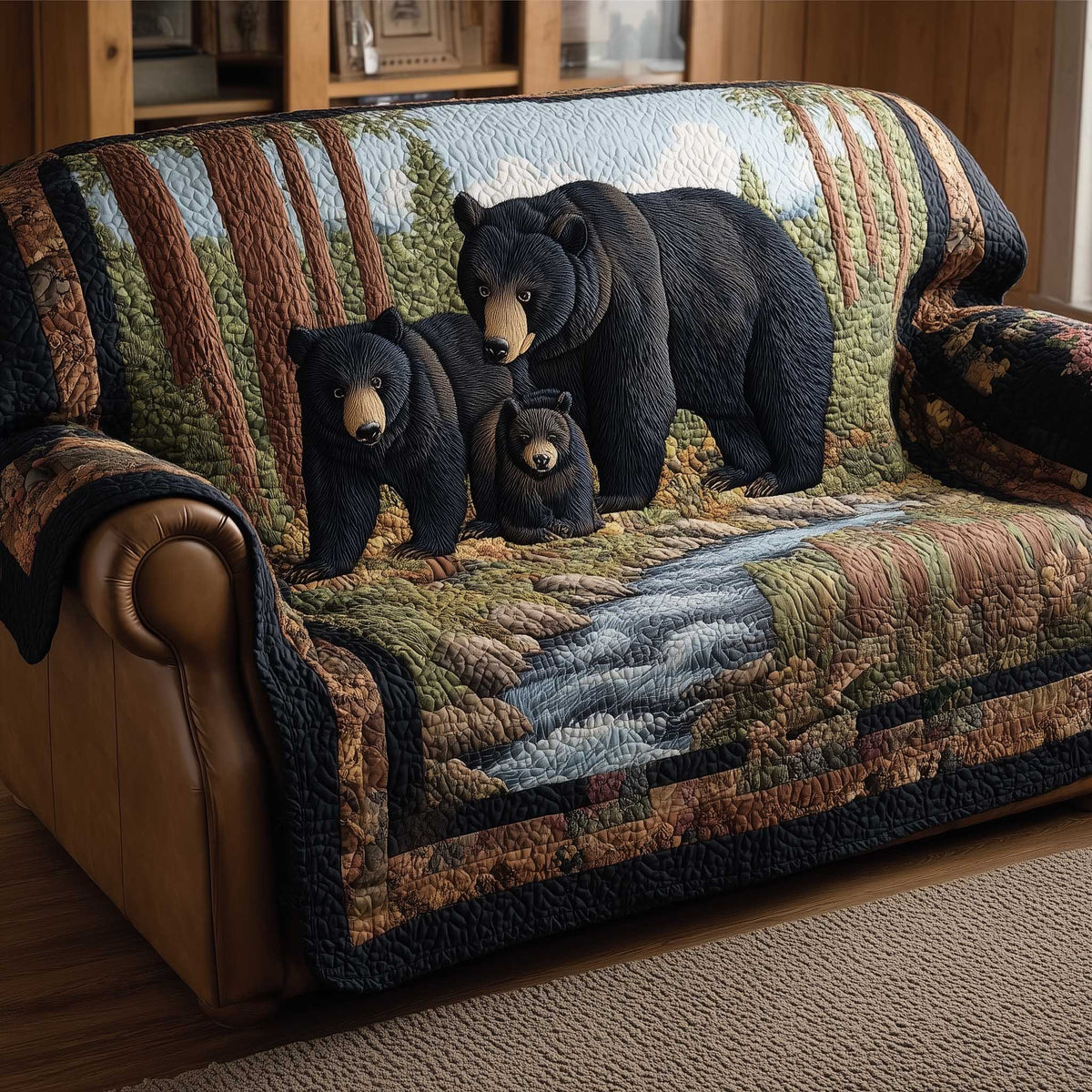 Black Bears Beside the Mountain Stream Sofa Cover