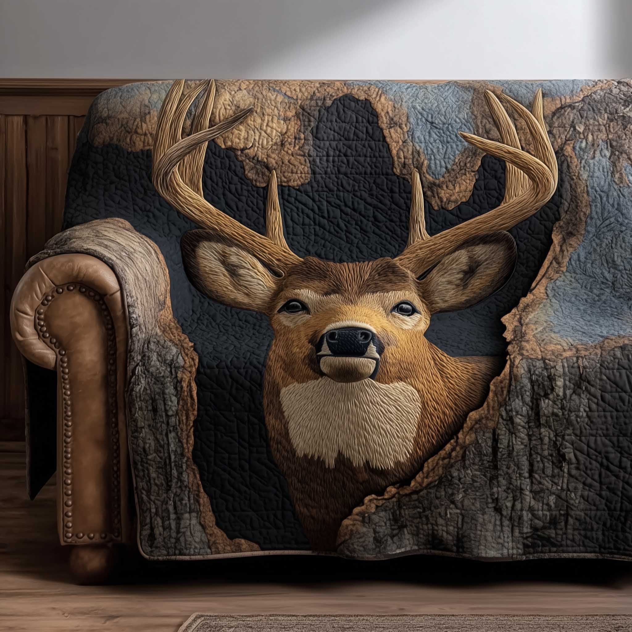 Deer Portrait on Weathered Bark Sofa Cover
