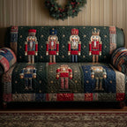Nutcracker Guards on Green Patchwork Sofa Cover
