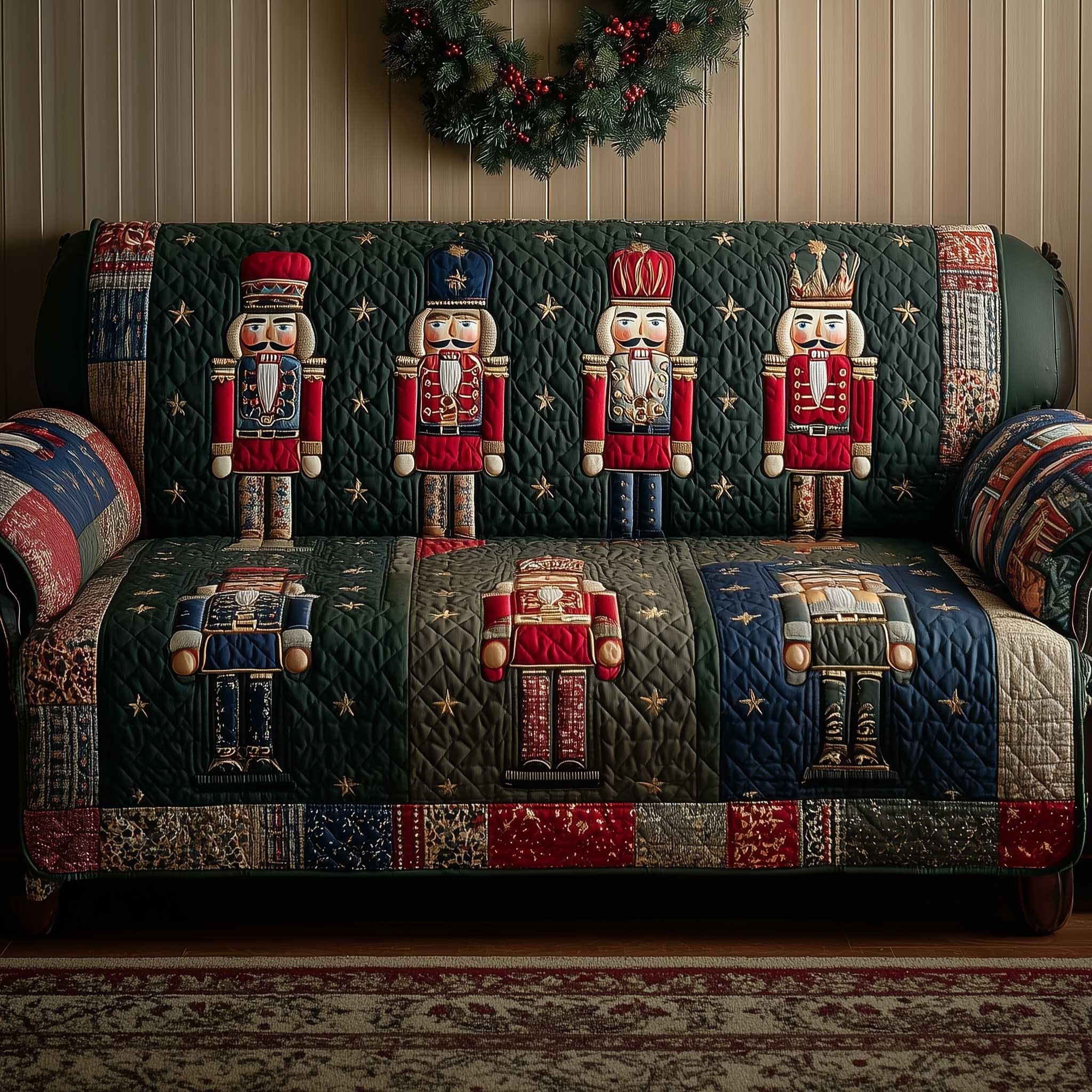Nutcracker Guards on Green Patchwork Sofa Cover