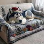 Sleeping Husky Beside Wrapped Gifts Sofa Cover