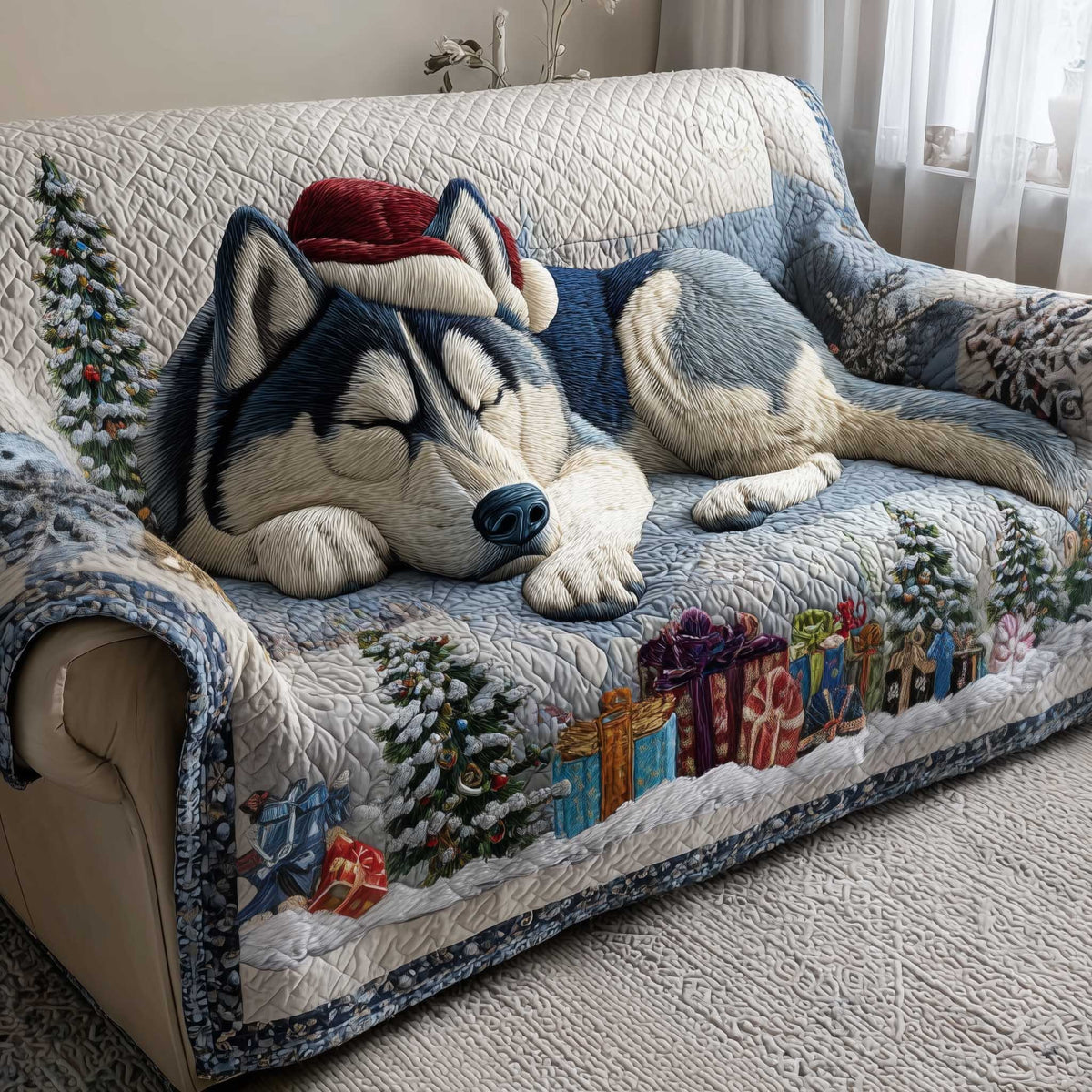 Sleeping Husky Beside Wrapped Gifts Sofa Cover