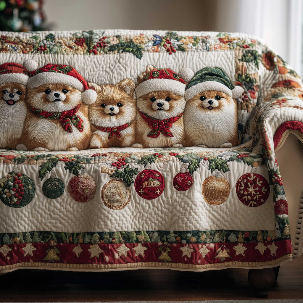 Pomeranians in Santa Hats on Cream Sofa Cover