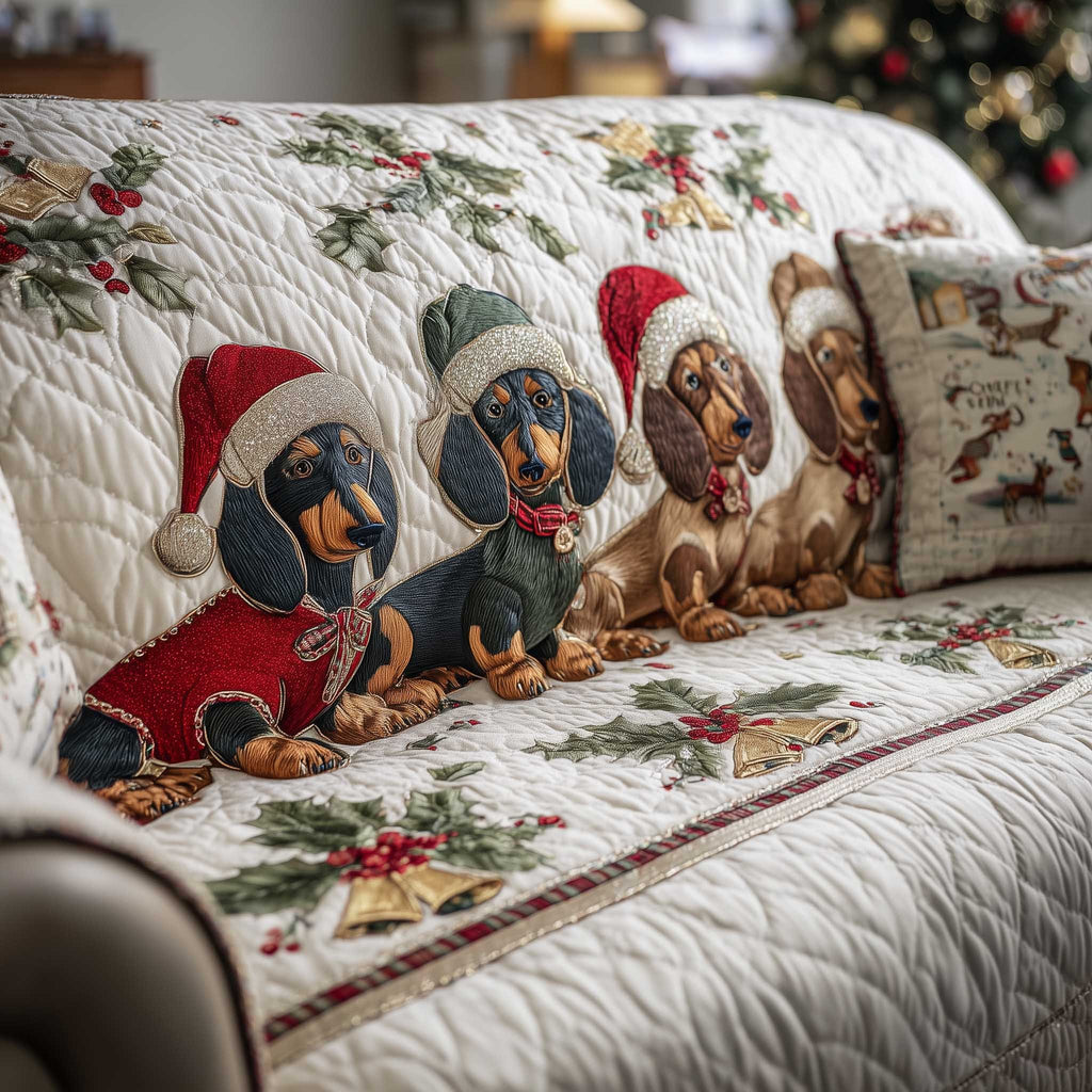 Dachshunds in Santa Hats on Cream Sofa Cover