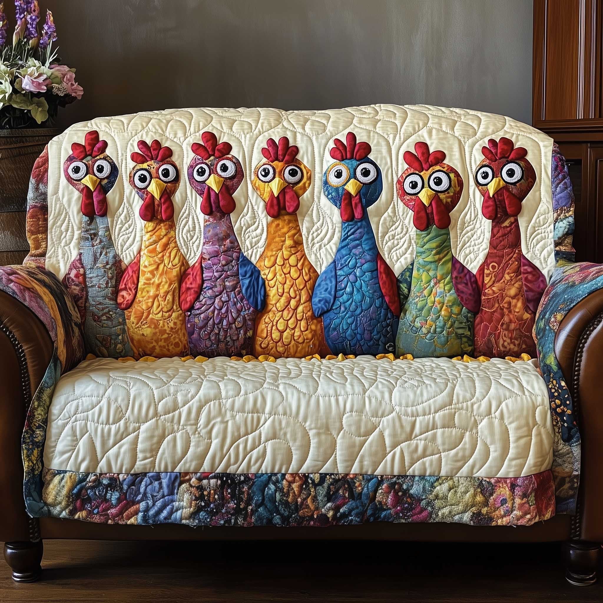 Bright Chickens on a Floral Band Sofa Cover