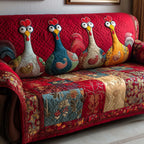 Chickens Above the Red Patchwork Sofa Cover