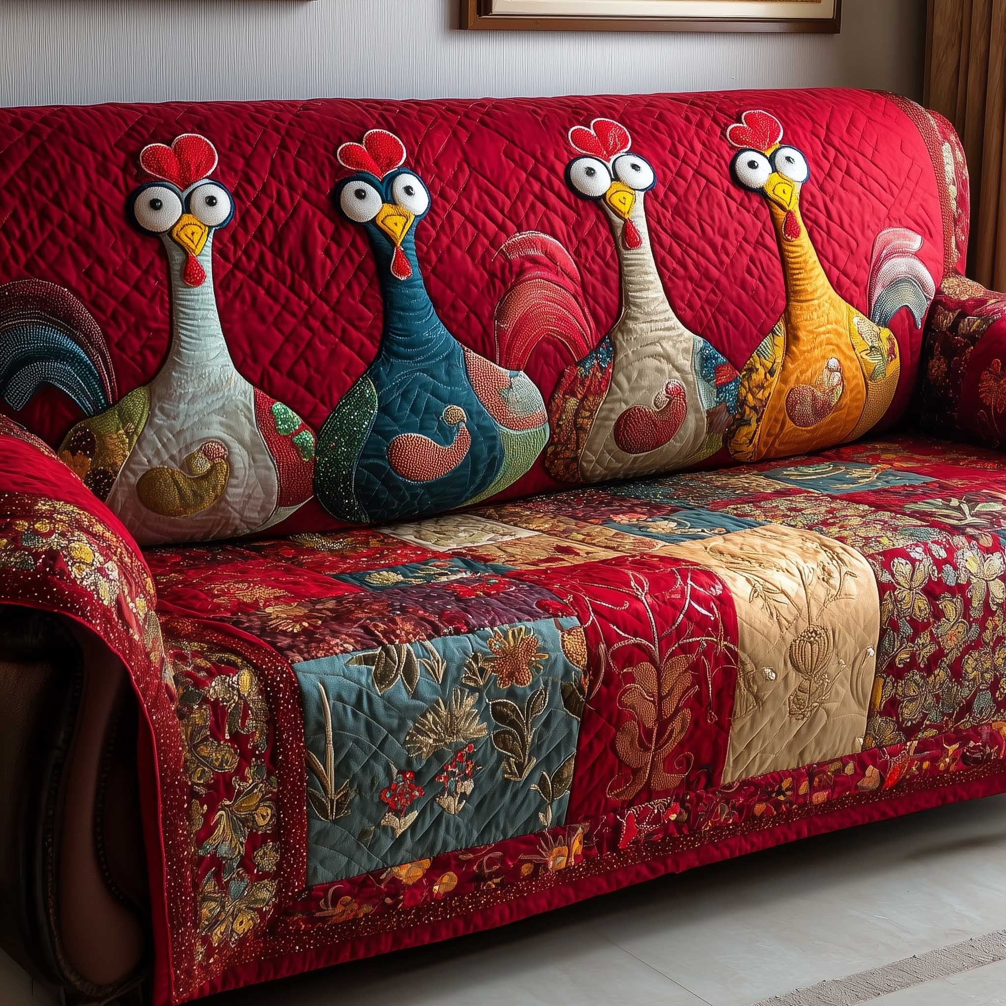 Chickens Above the Red Patchwork Sofa Cover