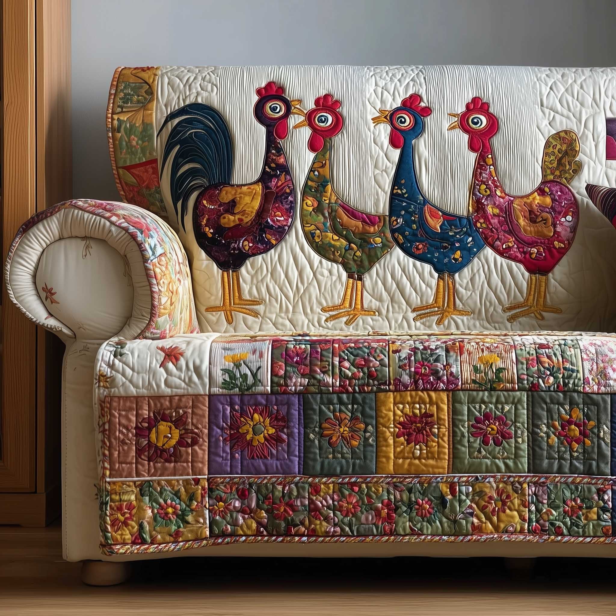 Hens Standing Over Flower Blocks Sofa Cover