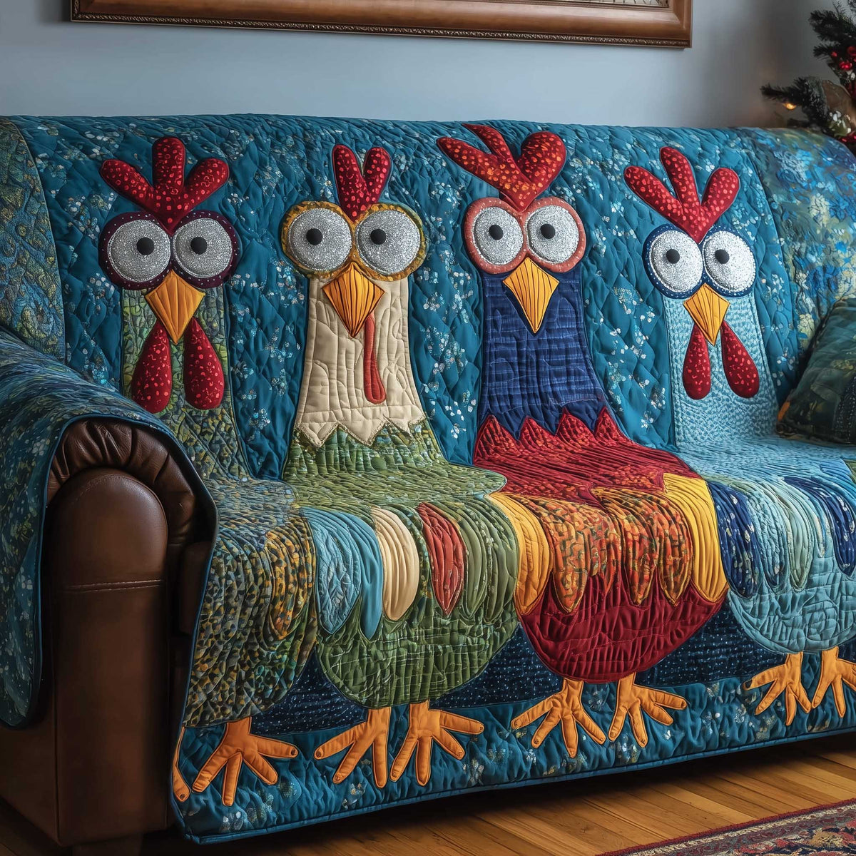 Bold Rooster Head in Blue and Red Sofa Cover