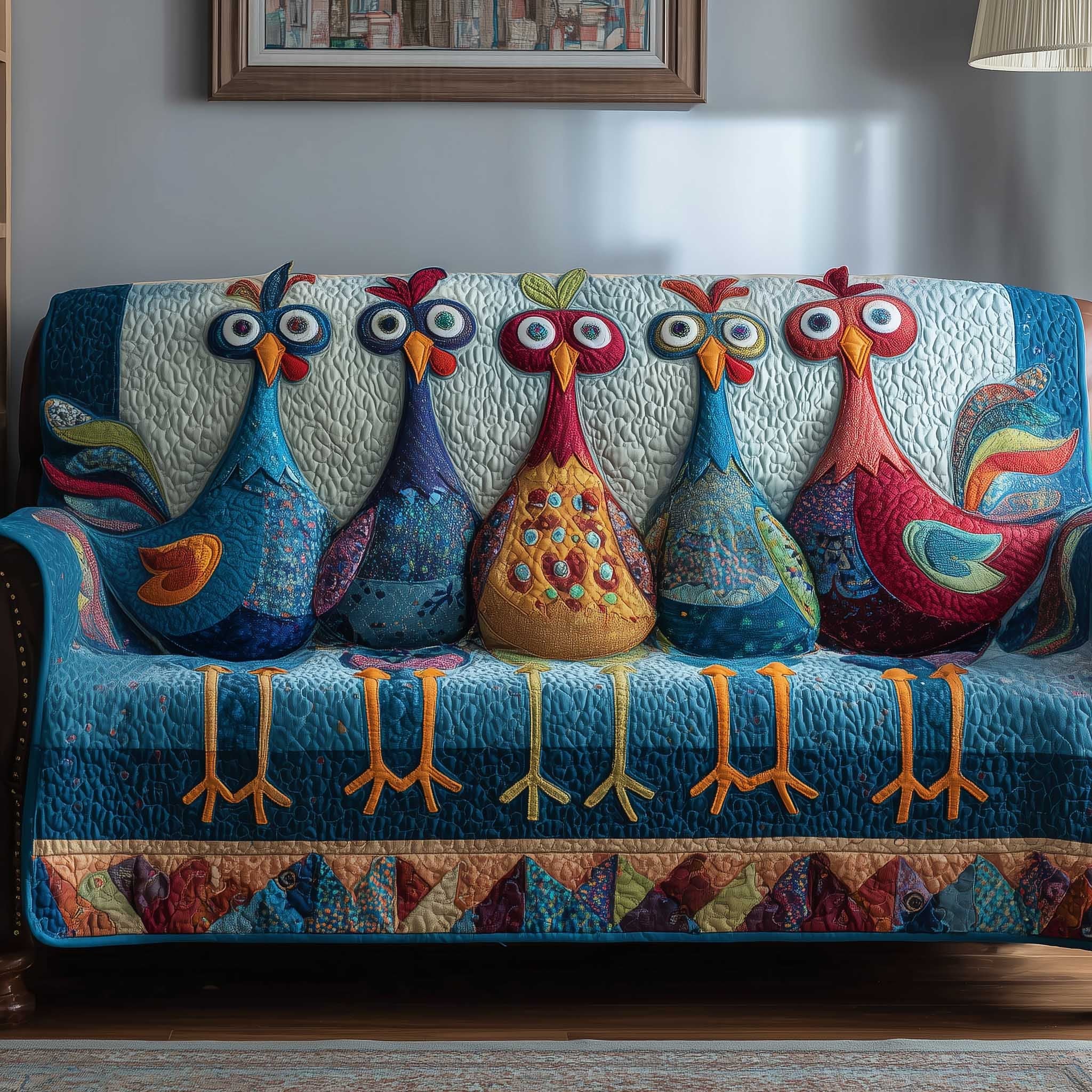 Blue Chickens with Orange Feet Sofa Cover