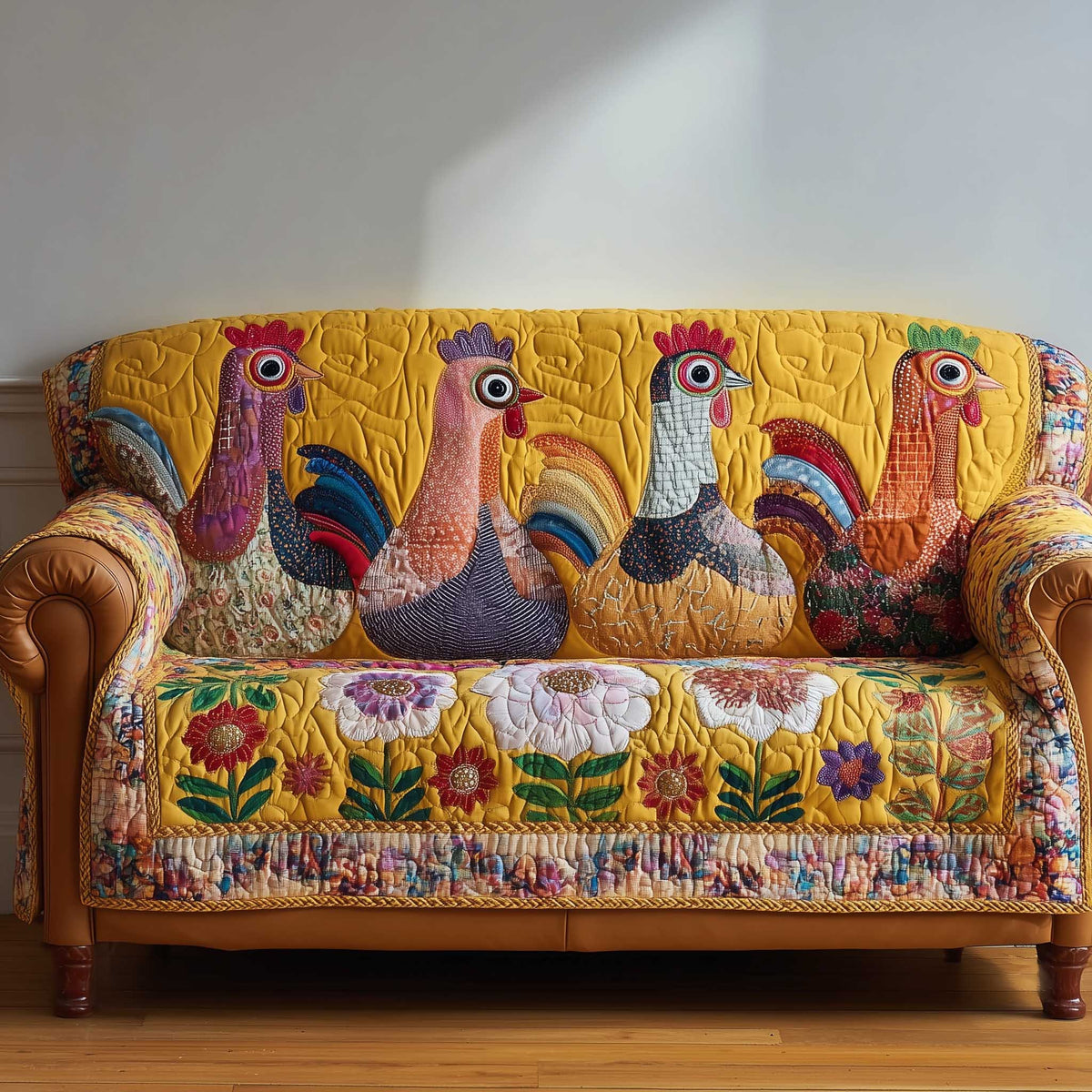 Chickens Among the Yellow Sunflowers Sofa Cover