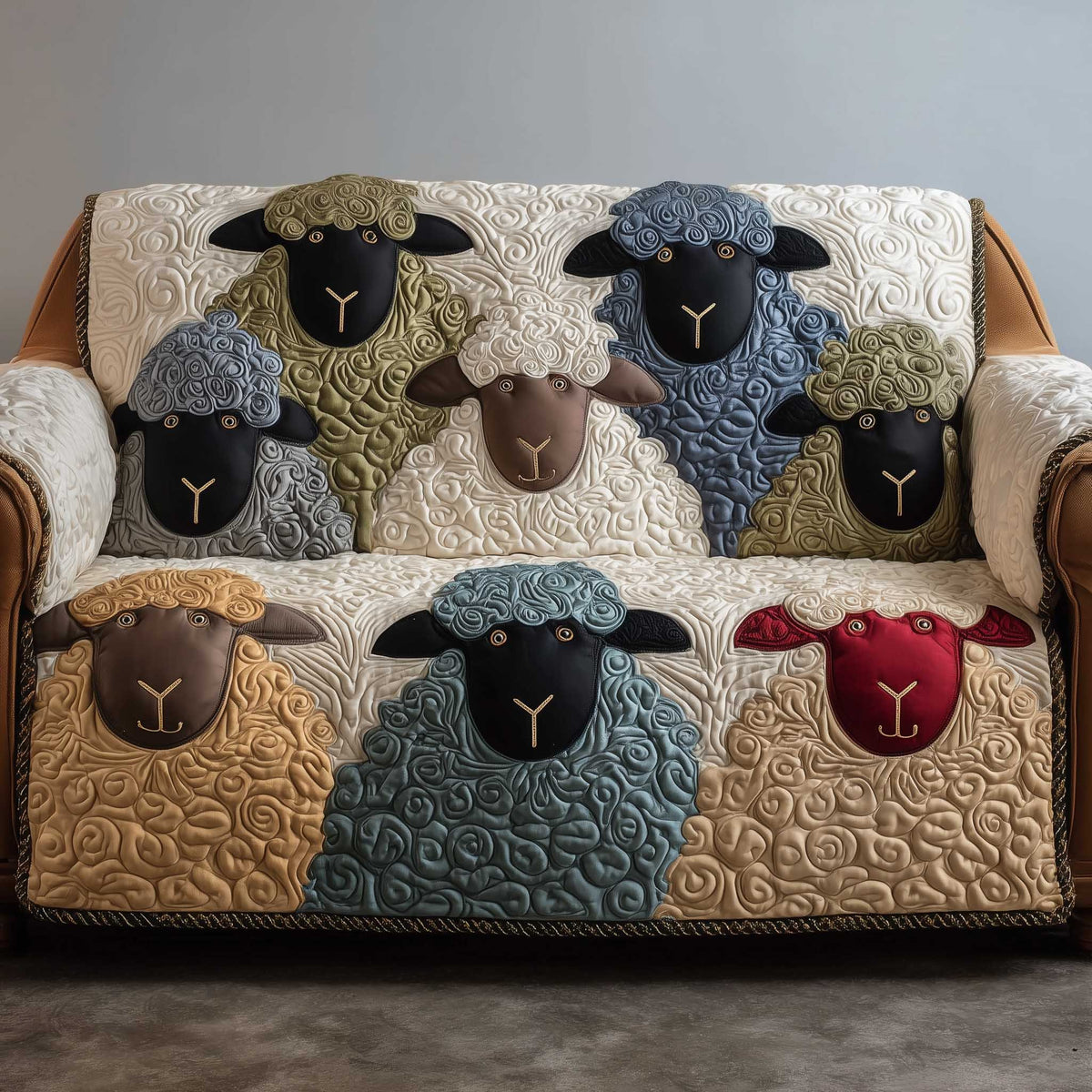 Woolly Sheep on Blue and Cream Sofa Cover