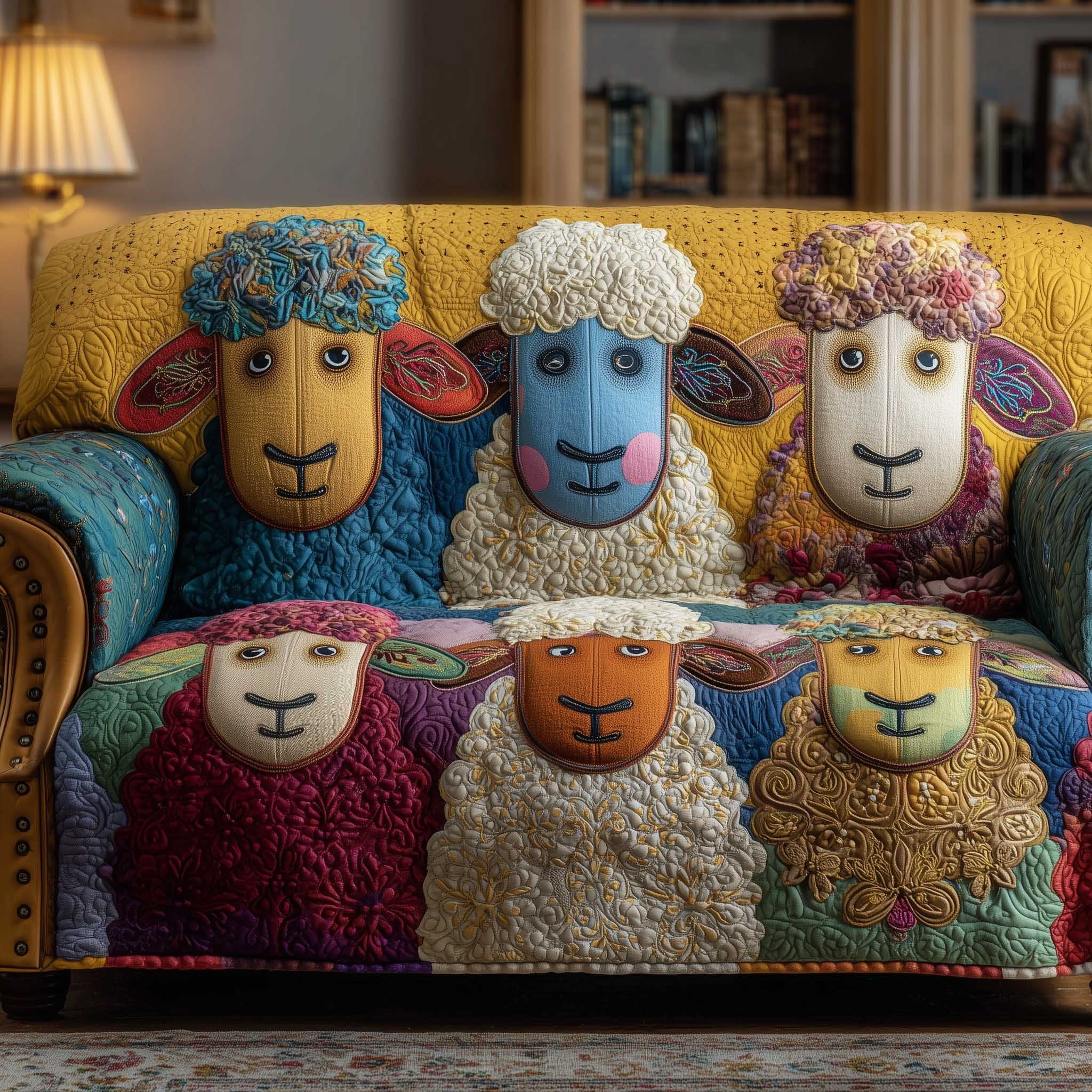 Yellow and Blue Sheep Faces Sofa Cover