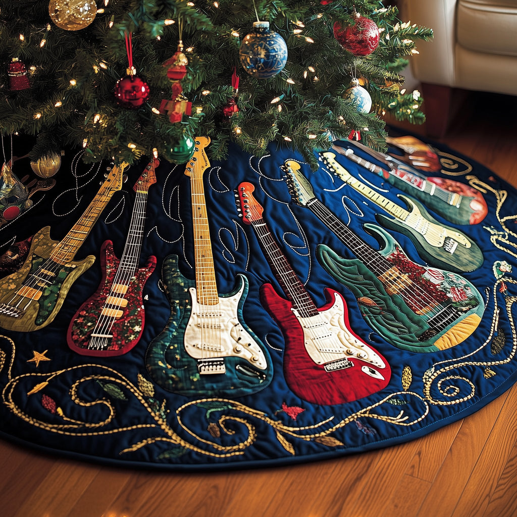 Guitars on the Navy Gold Swirl Christmas Tree Skirt