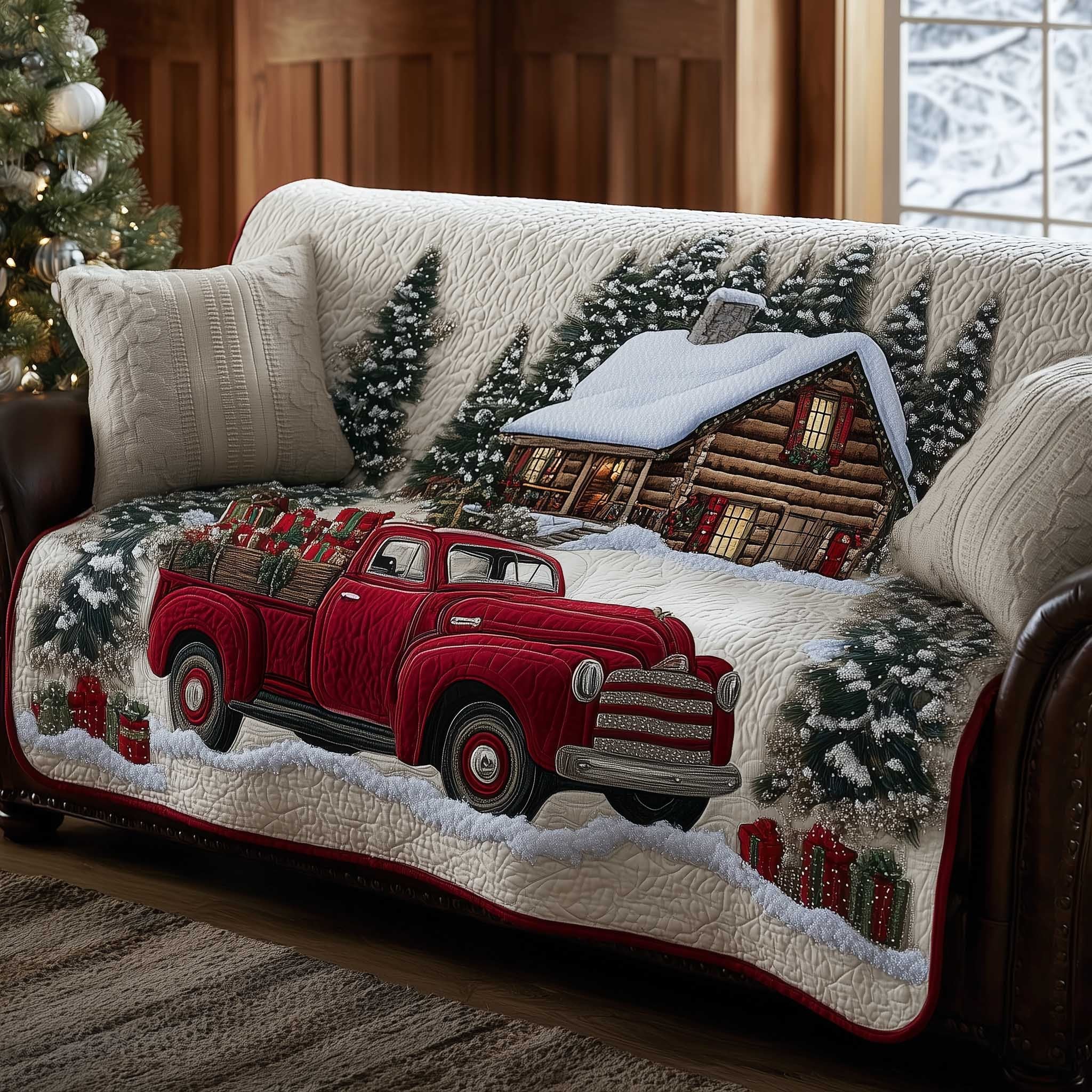 Red Truck by the Snowy Cabin Sofa Cover