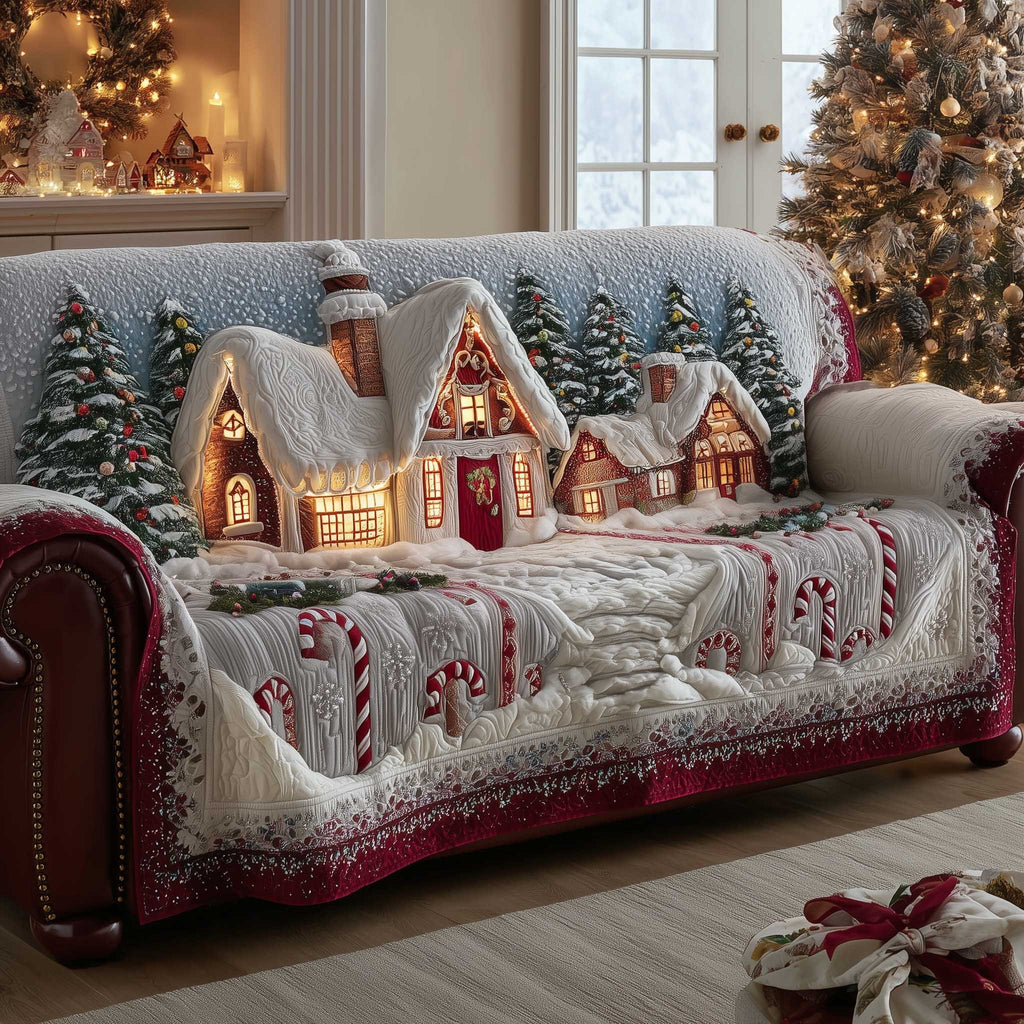 Snowy Cottage with Candy Cane Path Sofa Cover