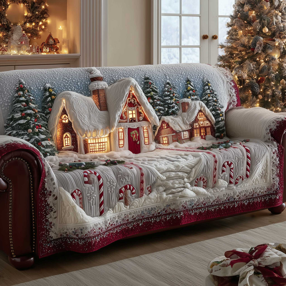 Snowy Cottage with Candy Cane Path Sofa Cover