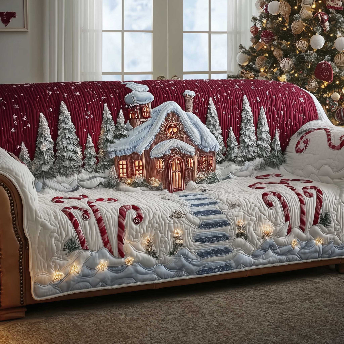 Red Cottage in the Falling Snow Sofa Cover