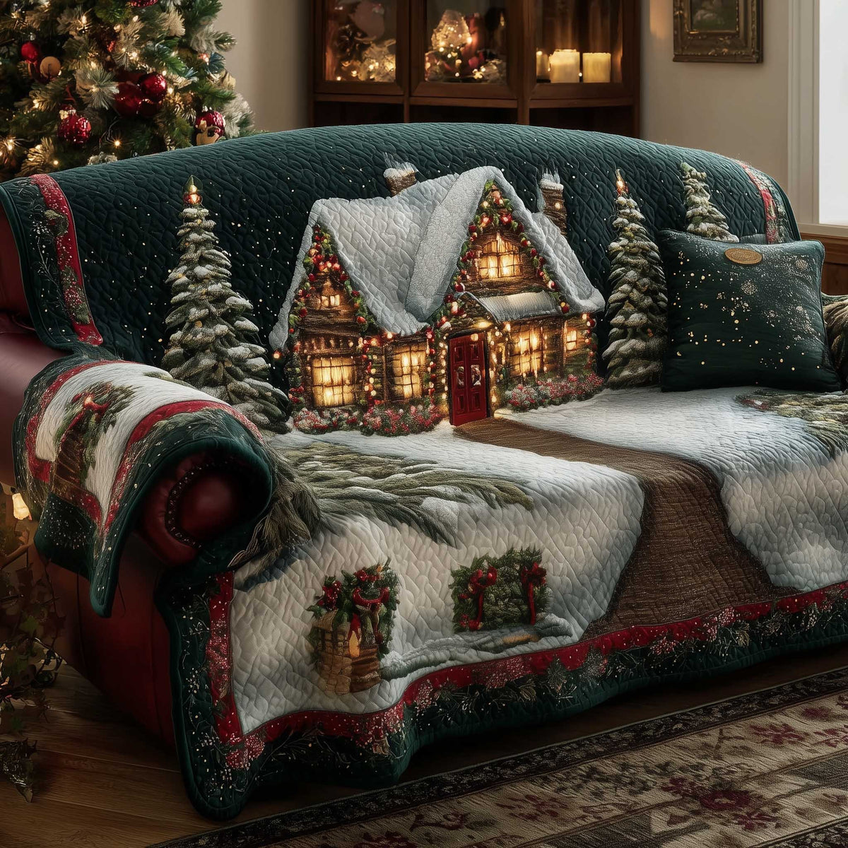 Log Cabin Glowing in Winter Woods Sofa Cover