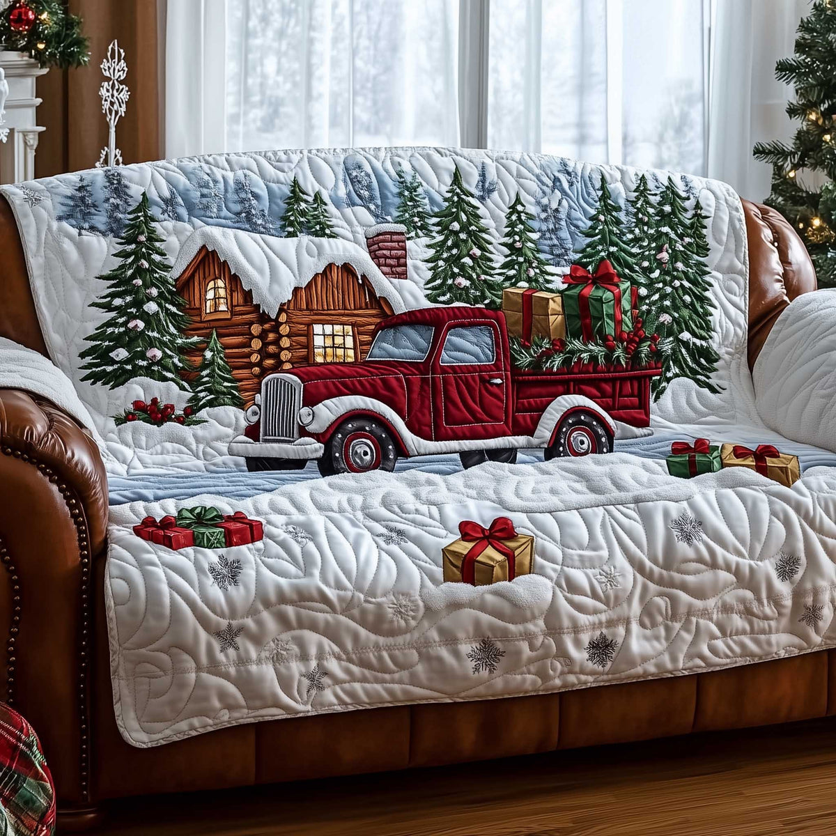 Red Truck and Log Cabin with Gifts Sofa Cover