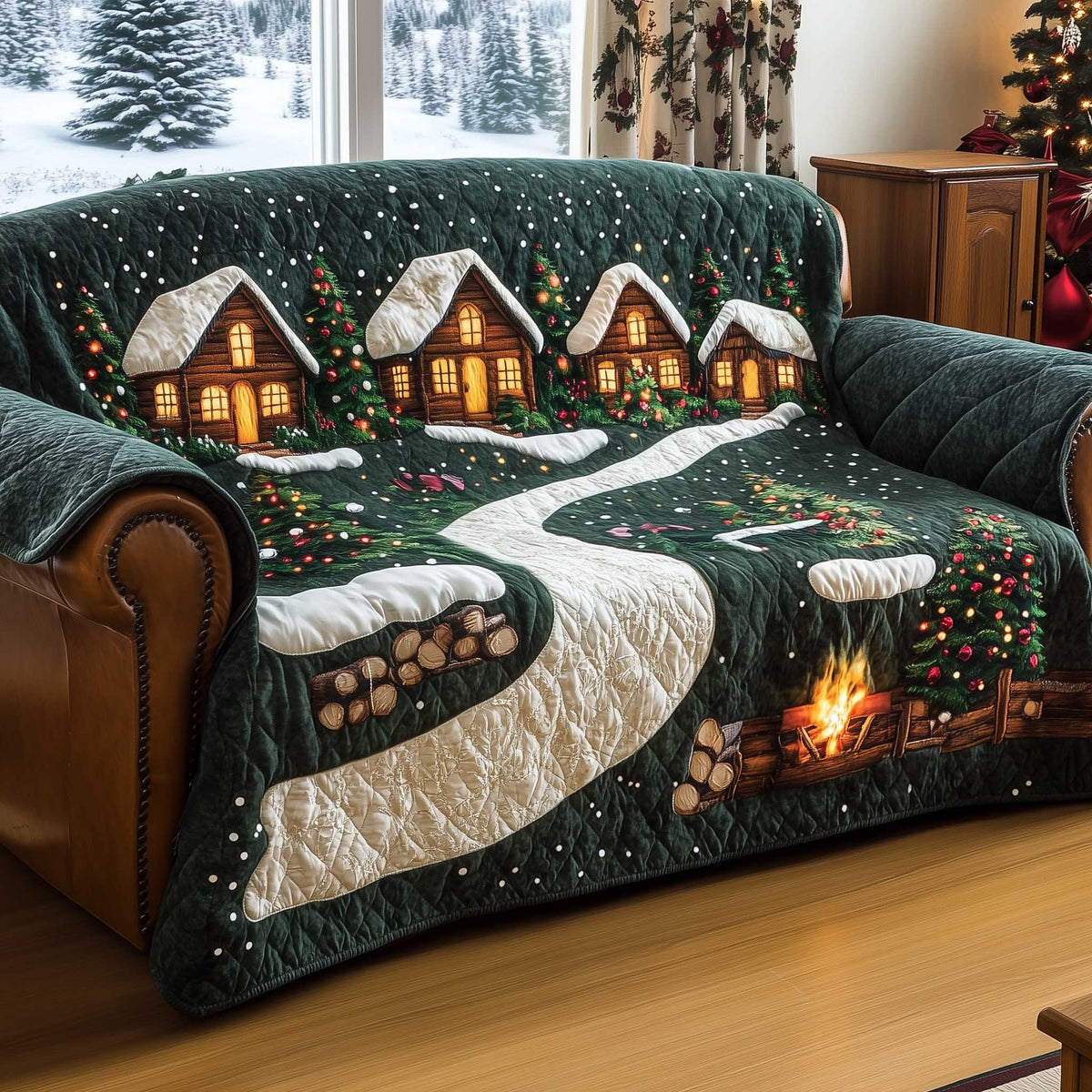 Winter Village on Deep Green Sofa Cover