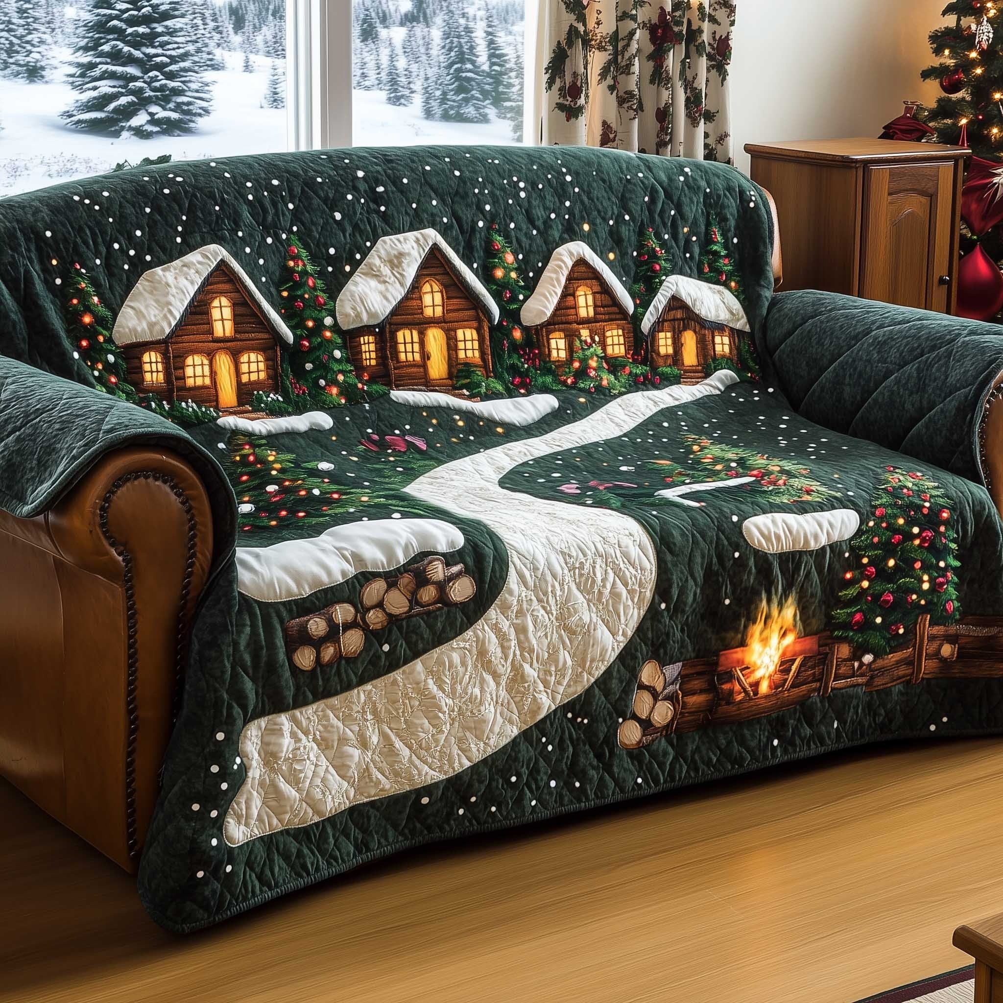 Winter Village on Deep Green Sofa Cover