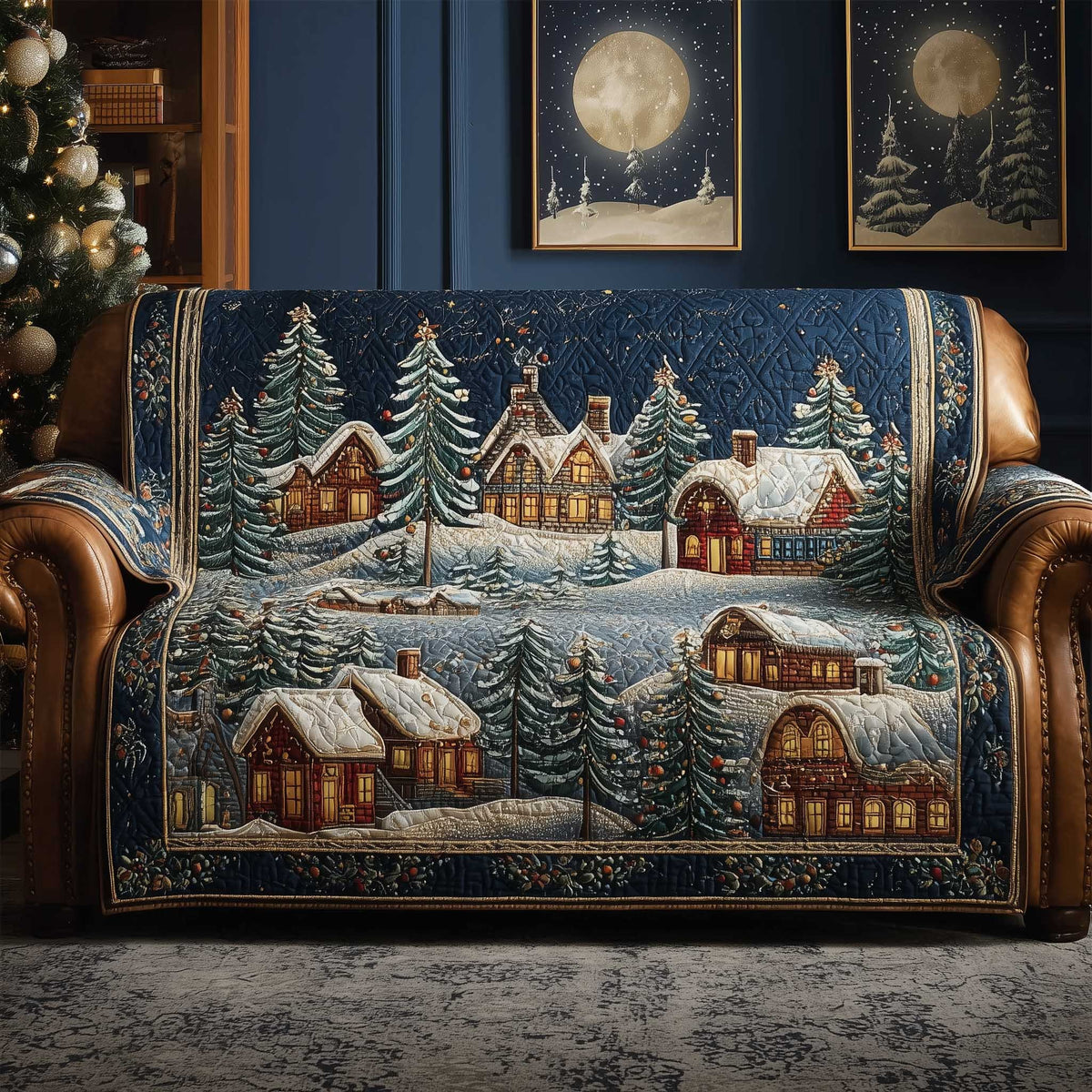 Snowy Village Under Navy Sky Sofa Cover
