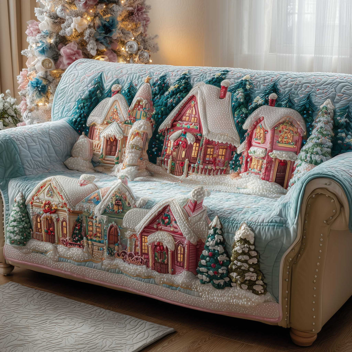 Pink Gingerbread Village in Snow Sofa Cover