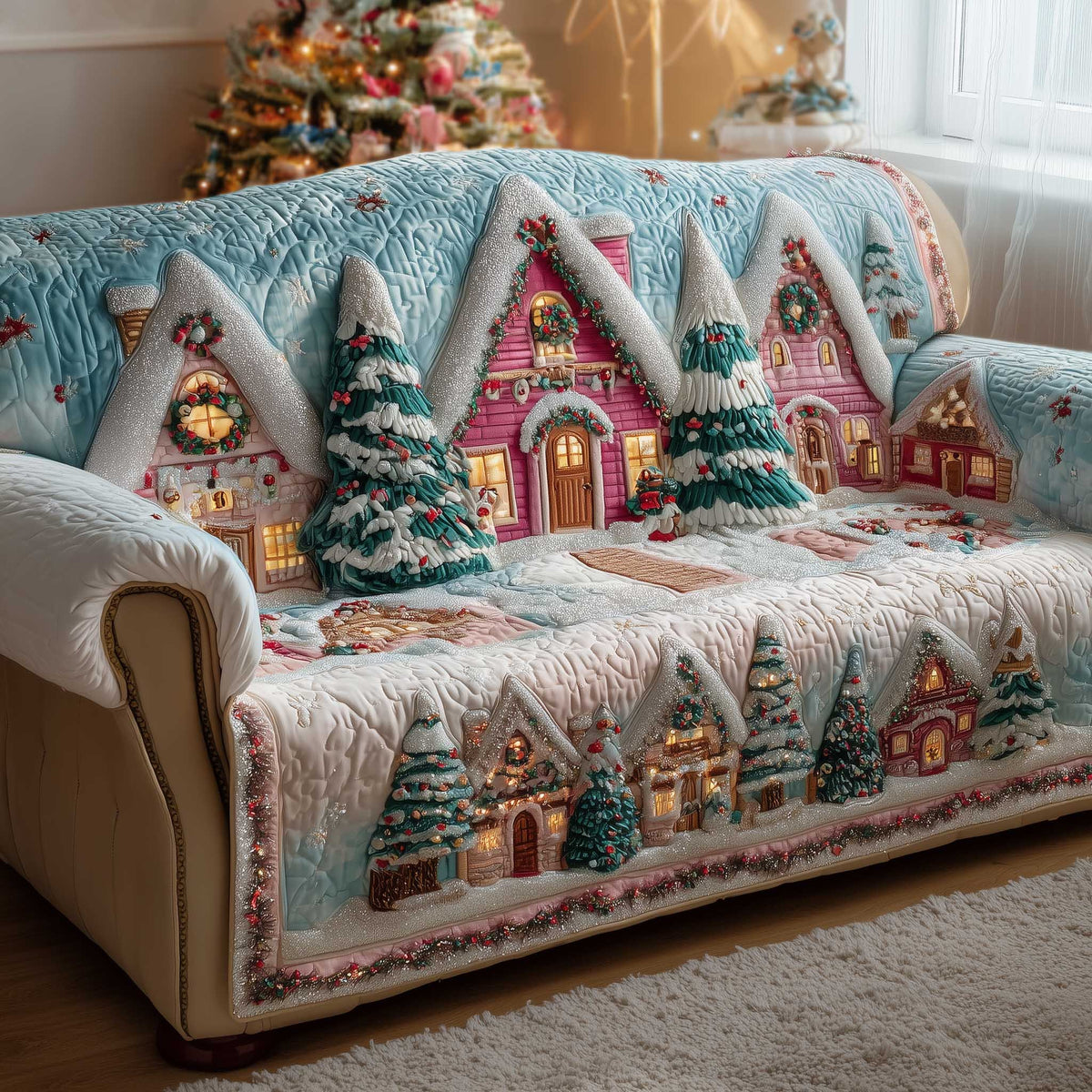 Pastel Houses and Teal Christmas Trees Sofa Cover