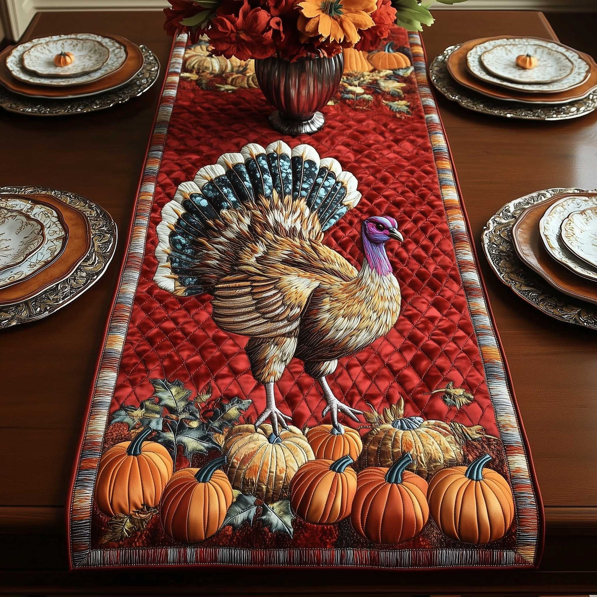 Turkey with Pumpkins on Red Table Runner