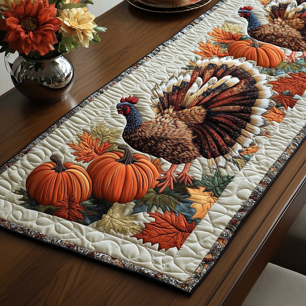 Turkey with Pumpkins on Cream Table Runner