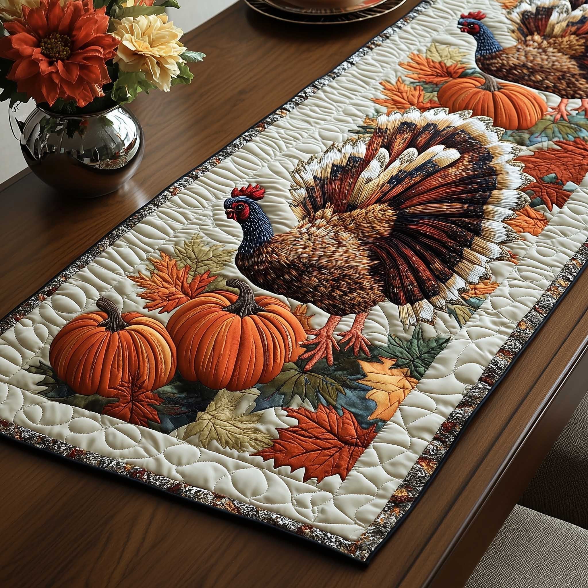Turkey with Pumpkins on Cream Table Runner