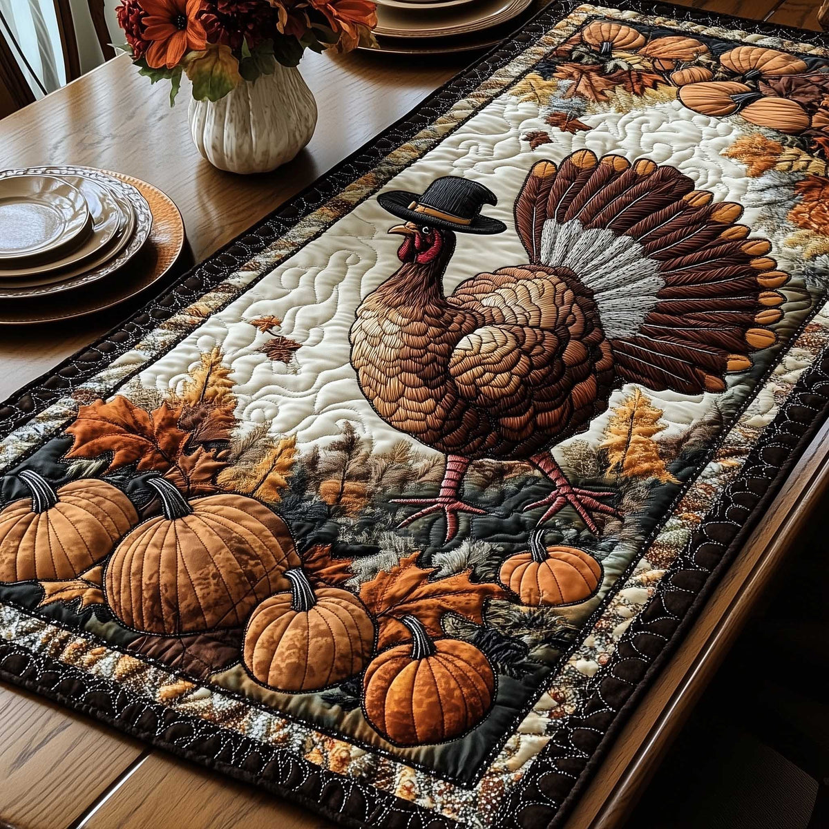 Turkey Among Pumpkins and Leaves Table Runner