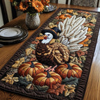 White Feathered Turkey with Pumpkins Table Runner