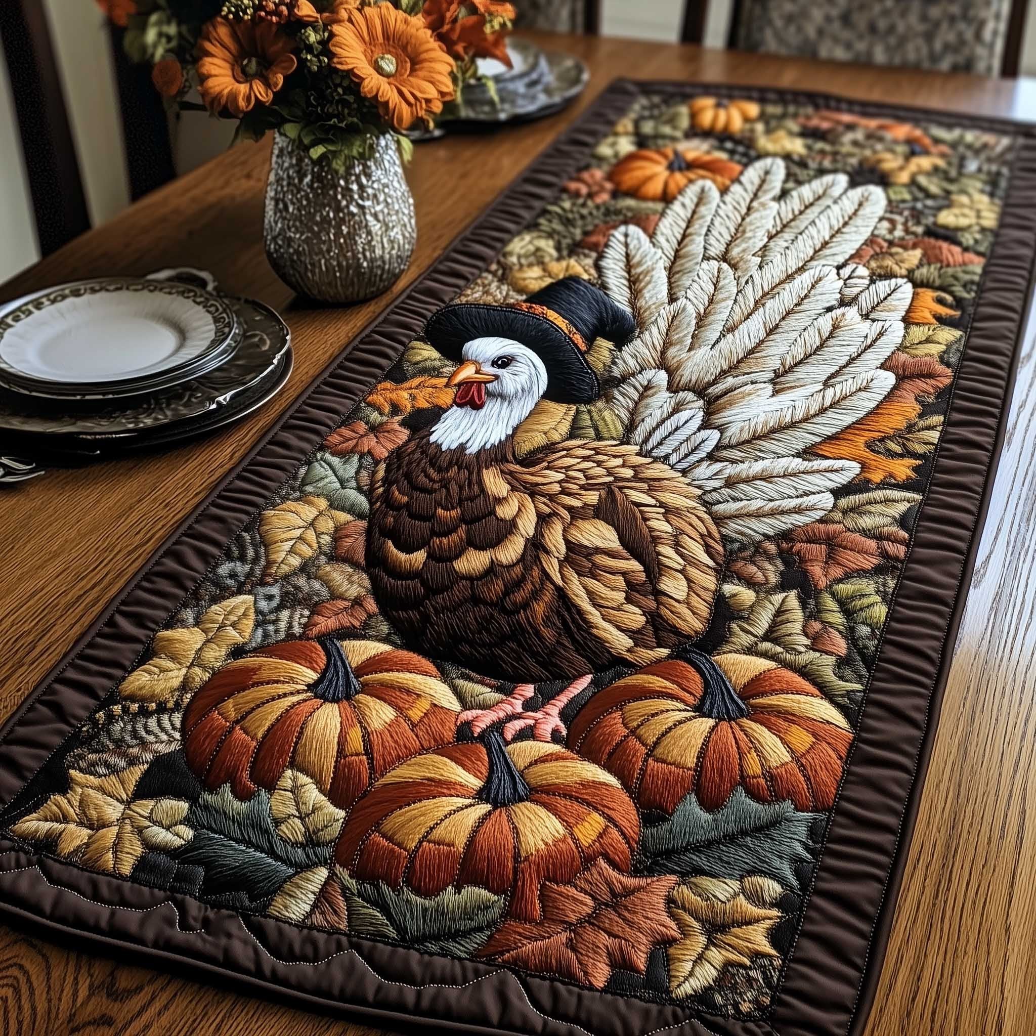 White Feathered Turkey with Pumpkins Table Runner