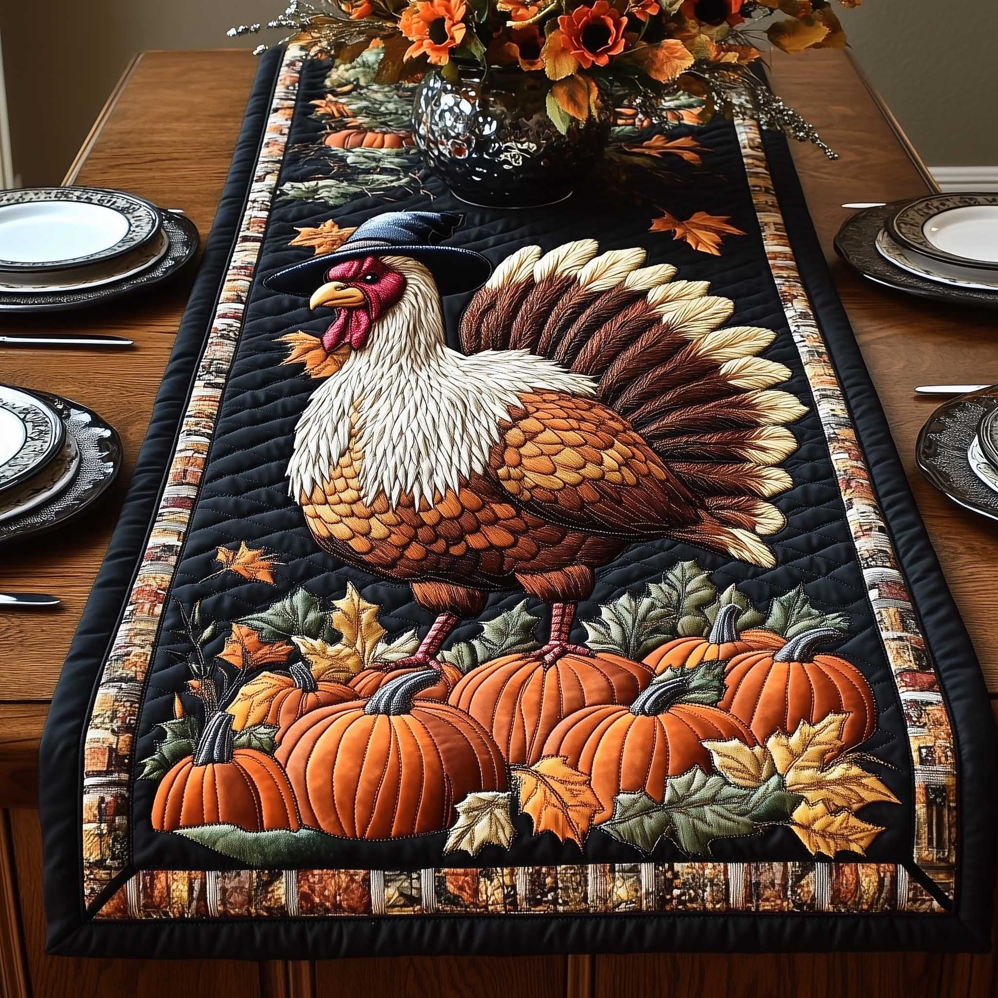 Turkey with Harvest on Black Table Runner