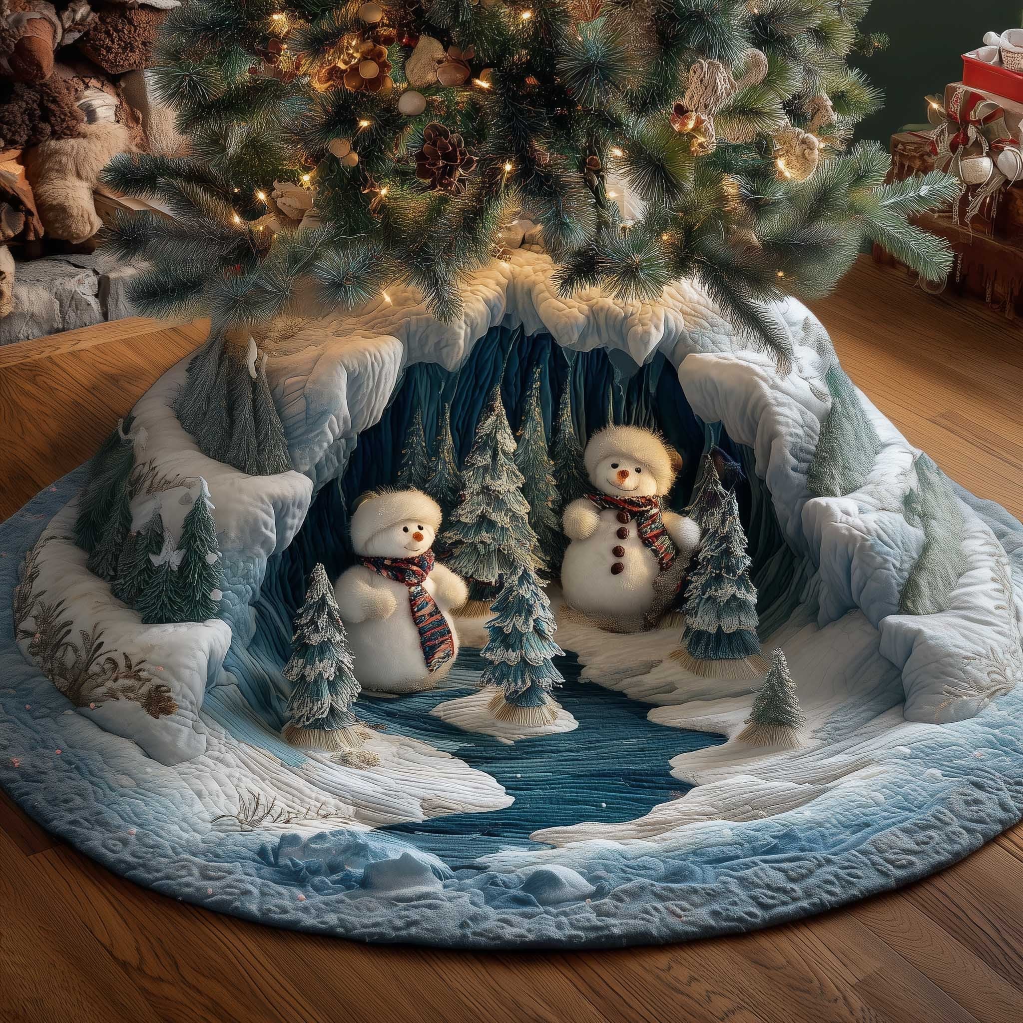 Snowman Couple in the Ice Cave Christmas Tree Skirt
