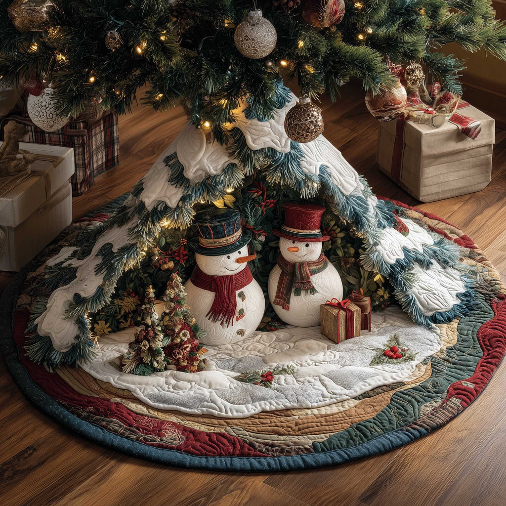 Snowmen with a Gift and Pine Trees Christmas Tree Skirt